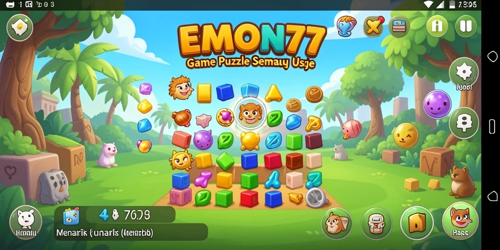 Tangkapan gameplay EMON77 yang menampilkan level puzzle yang menantang.