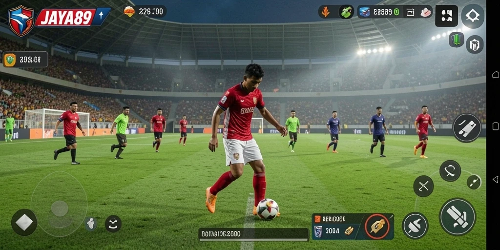 Screenshot permainan JAYA89 yang menampilkan aksi sepak bola yang mendebarkan.