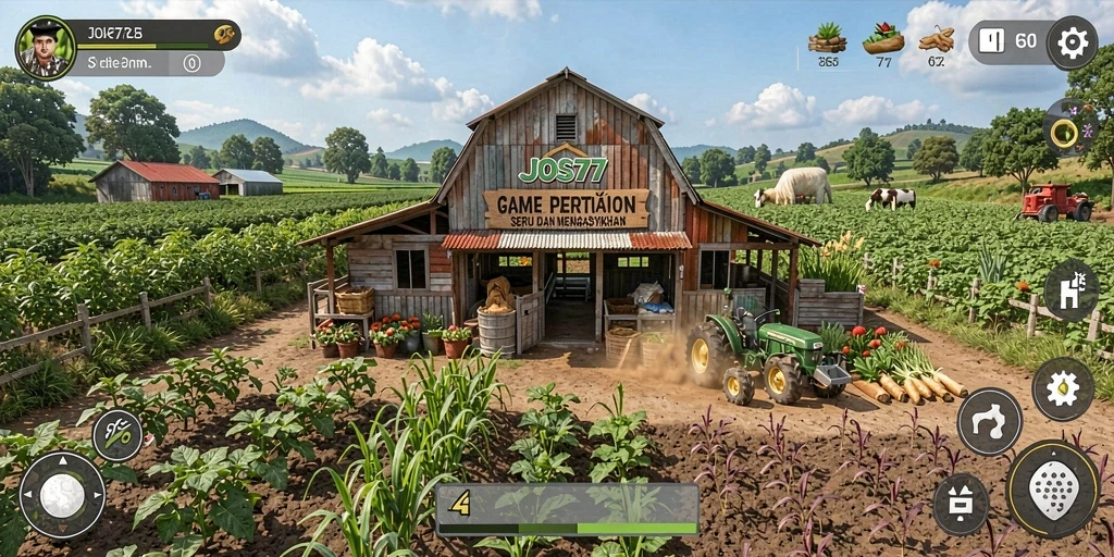 Tampilan gameplay JOS77 saat pertanian aktif dan ceria.