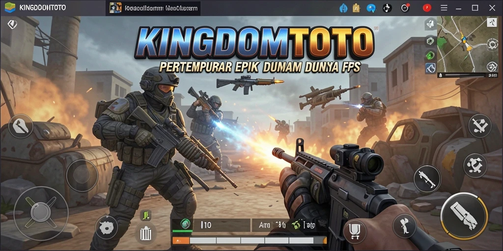 Screenshot KINGDOMTOTO menampilkan aksi tembak-menembak intens di medan perang.