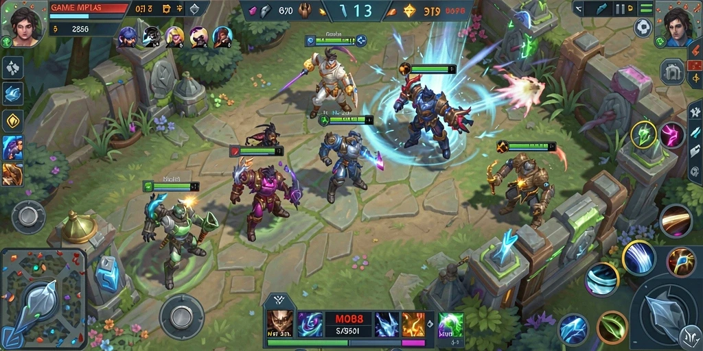 Tampilan aksi seru dalam gameplay MOBA MPO08 dengan karakter yang unik.