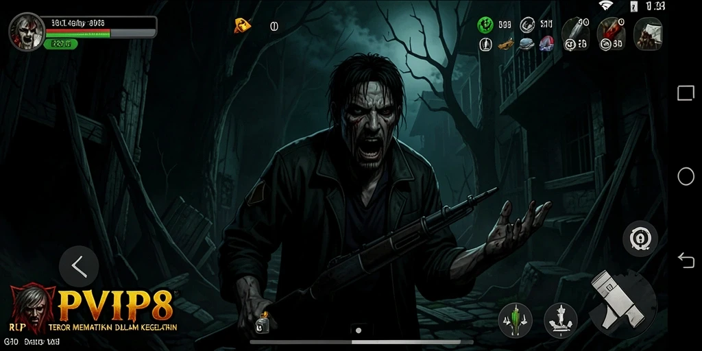 Screenshot menegangkan dari gameplay RPVIP8 yang gelap dan misterius.