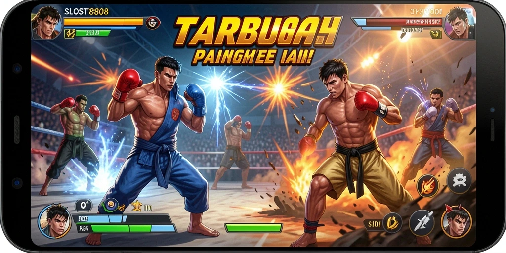Screenshot SLOST8808 menunjukkan aksi pertarungan mendebarkan dan karakter-karakter yang dinamis.