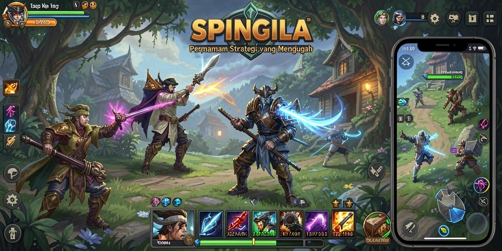 Screenshot utama SPINGILA menampilkan gameplay strategi yang mendebarkan.