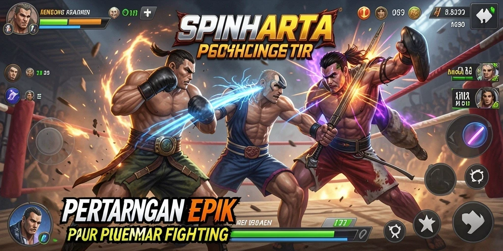 Tampilan gameplay seru di SPINHARTA dengan pertarungan mendebarkan.