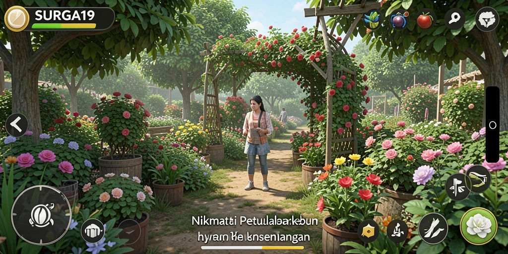 Screenshot gameplay SURGA19 dengan kebun yang luas dan berbagai tanaman.