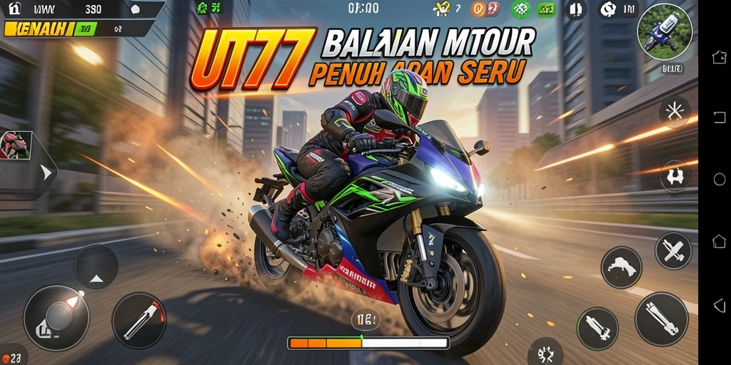 Screenshot UT77 menampilkan aksi balapan motor yang mendebarkan di trek yang menantang.