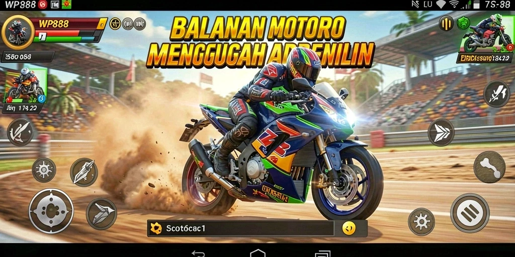 Tampilan gameplay WP888 yang mendebarkan saat melakukan balapan motor.
